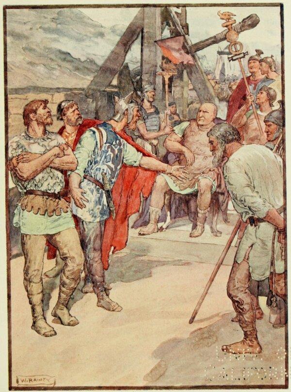 Marius and the ambassadors of the Cimbri, depicted by W. Rainey in the 1900 book “Plutarch's Lives for Boys and Girls.” Marius is sitting on a chair surrounded by Roman officers and obstinate-looking Germanic barbarians. (Public Domain)