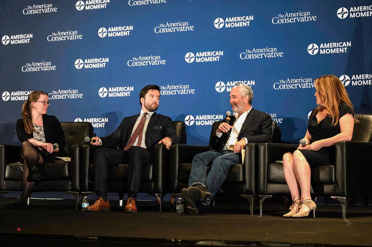 L to R: Helen Andrews, Micah Meadowcroft, Lee Smith, and Mollie Hemingway speak at the "Up from Chaos" event. (Courtesy of American Moment)