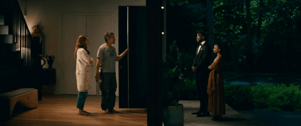 (L–R) Amanda (Julia Roberts), Clay (Ethan Hawke), G.H. (Mahershala Ali), and Ruth (Myha’la Herrold), in "Leave the World Behind." (Jojo Whilden/Higher Ground Productions/Netflix)