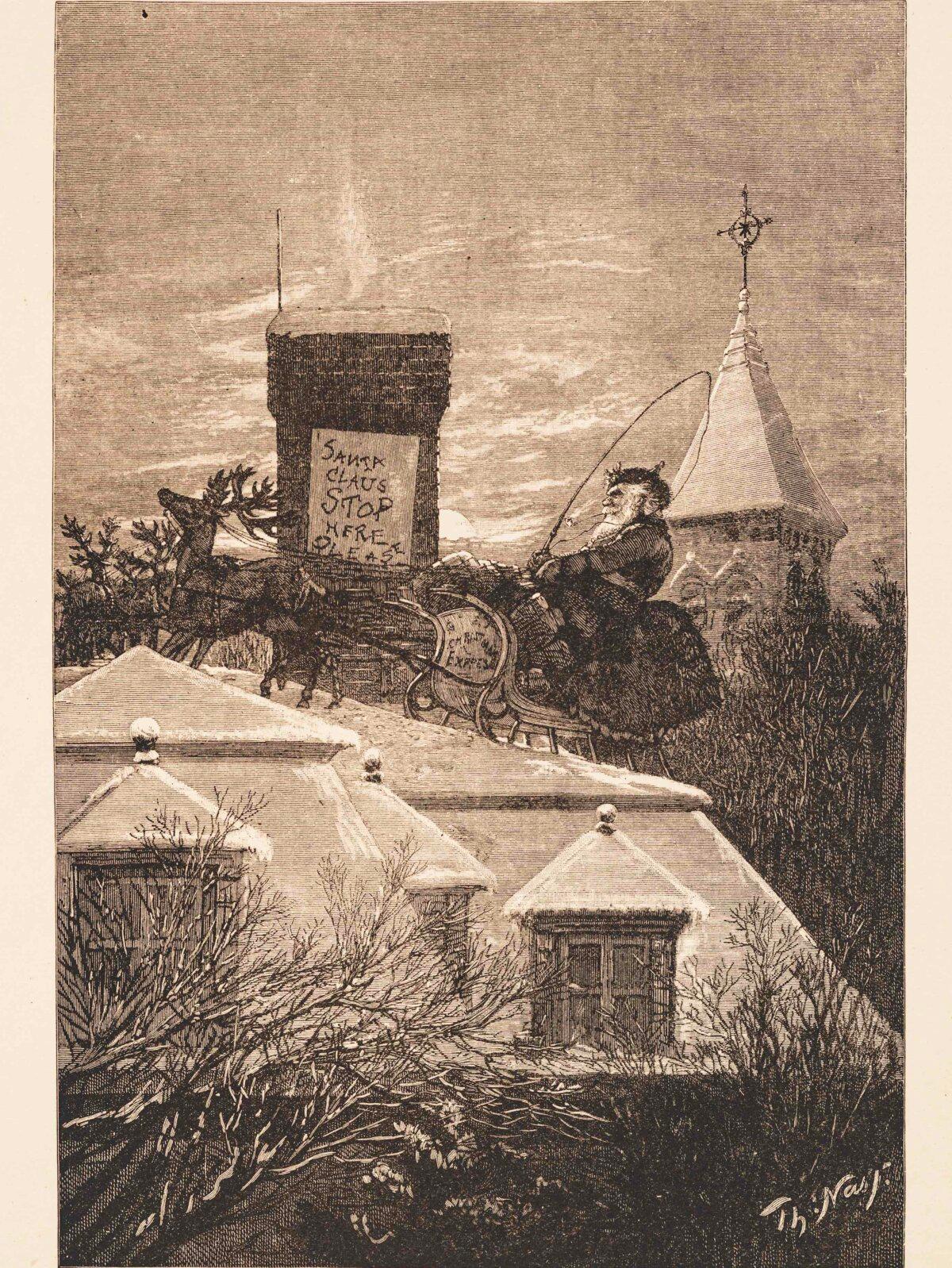 Illustration of “Christmas Station,” with a note on the chimney reading “Santa Claus Stop Here Please,” by Thomas Nast, 1889. Library of Congress. (Public Domain)