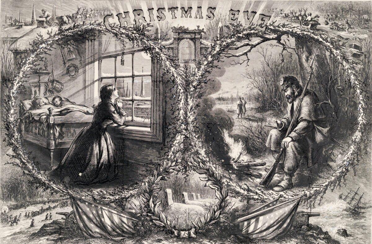 His first year at Harper’s Weekly, Nast began drawing Christmas-inspired illustrations— including “Christmas Eve” of 1862, which became an instant sensation. Inside the wreathed frames, a wife gazes at the moon praying for her husband, while her husband, on picket duty in the Union Army, stares longingly at photographs of his family. The Metropolitan Museum of Art, New York. (Public Domain)
