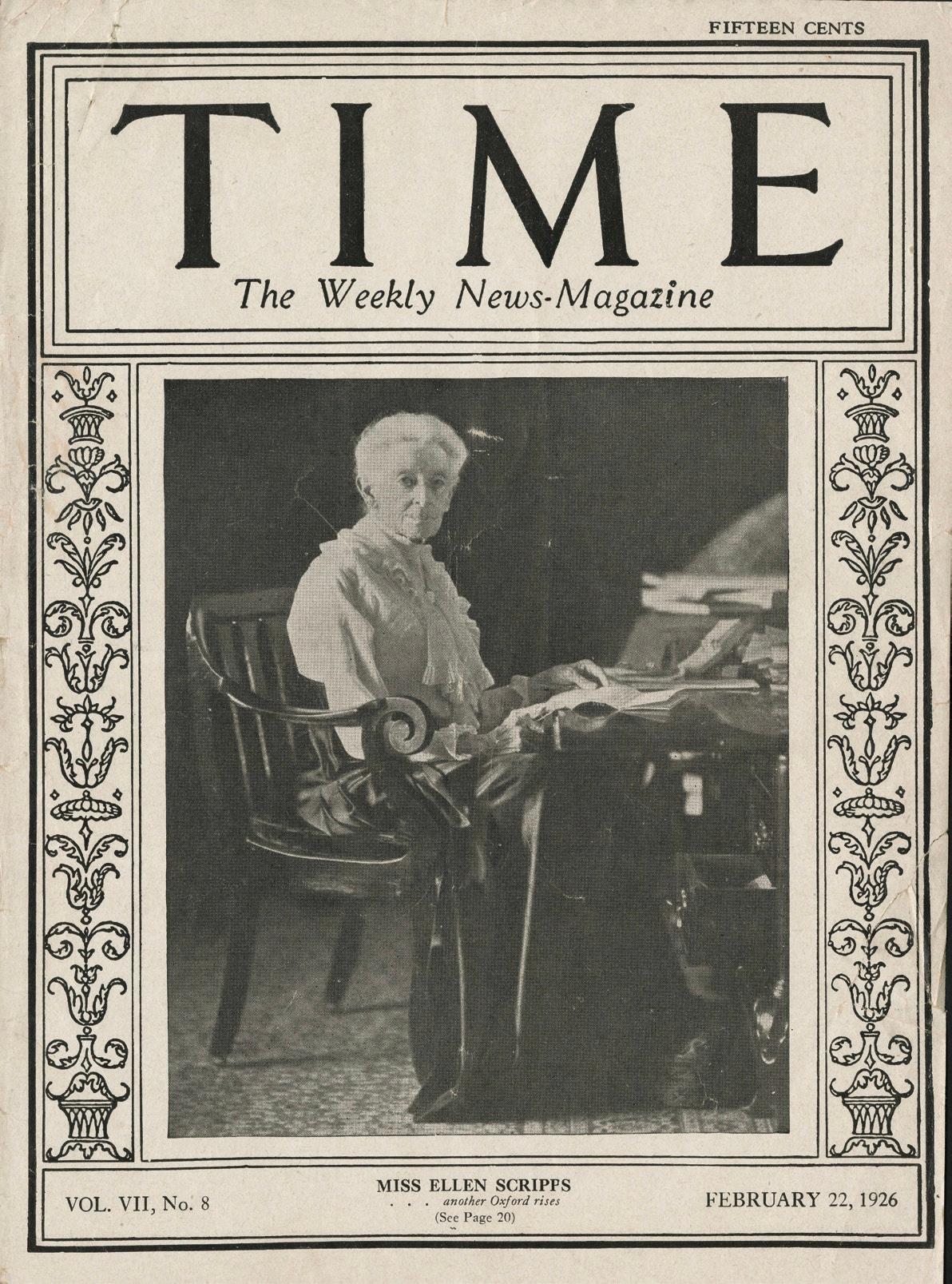 Miss Ellen Scripps on the cover of Time: The Weekly News- Magazine, Feb. 22, 1926. U.S. Archive. (Public Domain)