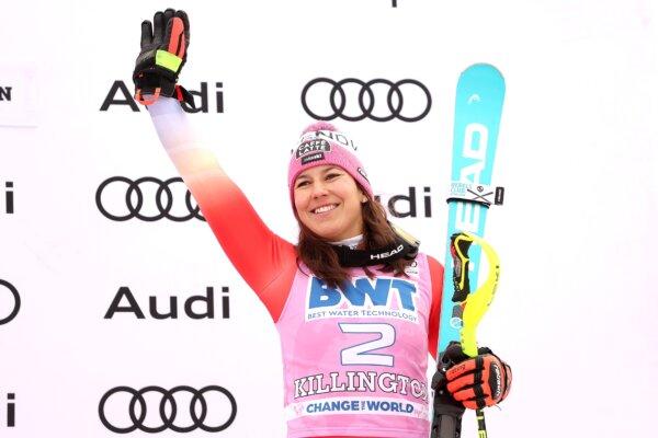 Wendy Holdener of Team Switzerland reacts on the podium after finishing first place in the Womens' Slalom at the Stifel Killington FIS World Cup race in Killington, Vt., on Nov. 26, 2023. (Sean M. Haffey/Getty Images)