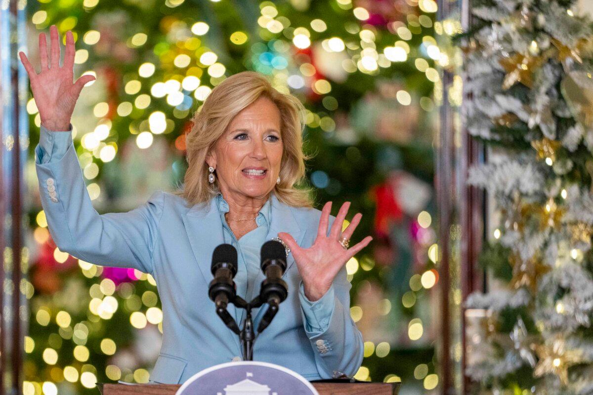 First Lady Jill Biden speaks during the unveiling of the White House holiday decorations in the Grand Foyer of the White House on Nov. 27, 2023. (Jacquelyn Martin/AP Photo)