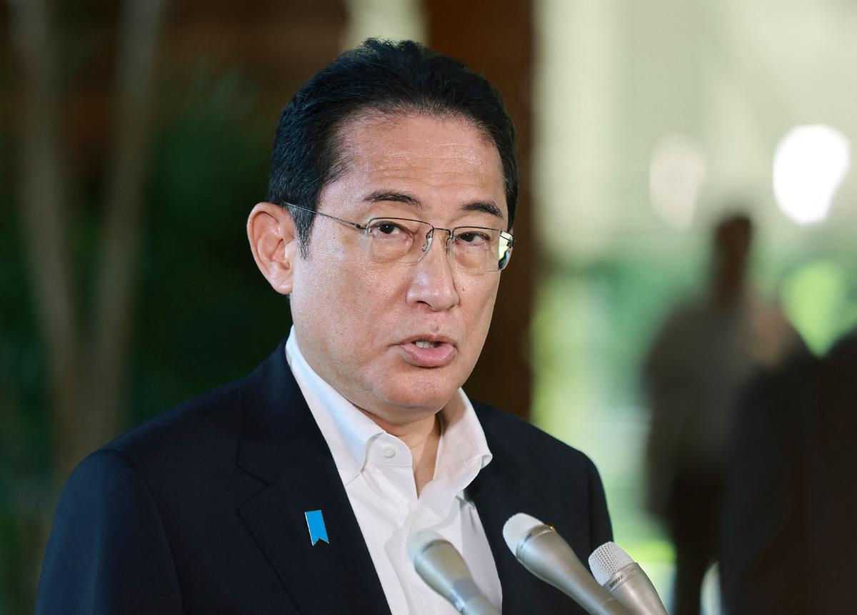 Japan's Prime Minister Fumio Kishida speaks to reporters about North Korea's ballistic missile launches, in Tokyo, on Aug. 31, 2023. (STR/JIJI Press/AFP via Getty Images)