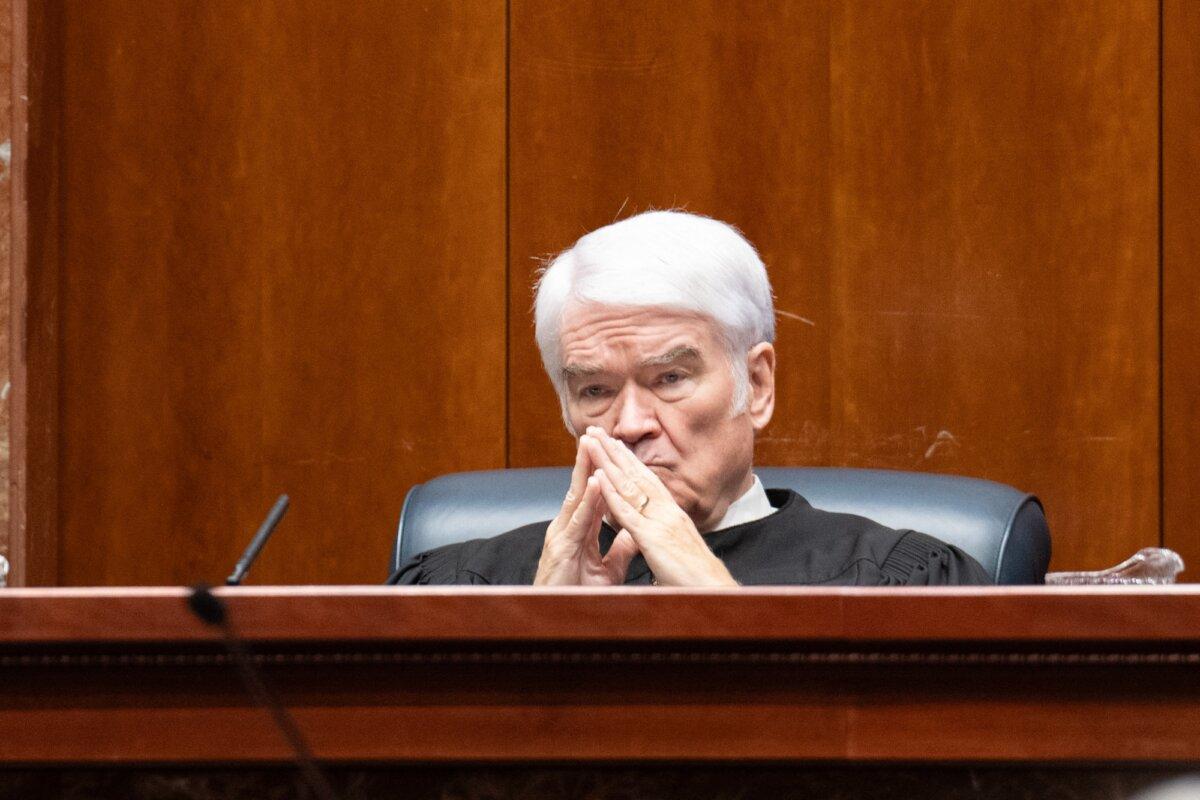 Chief Justice Nathan L. Hecht, of the Texas Supreme Court, looks on as litigators make their arguments in Zurowski v. State of Texas, at the Texas Supreme Court in Austin, Texas, on Nov. 28, 2023. (Suzanne Cordeiro/AFP/Getty Images)