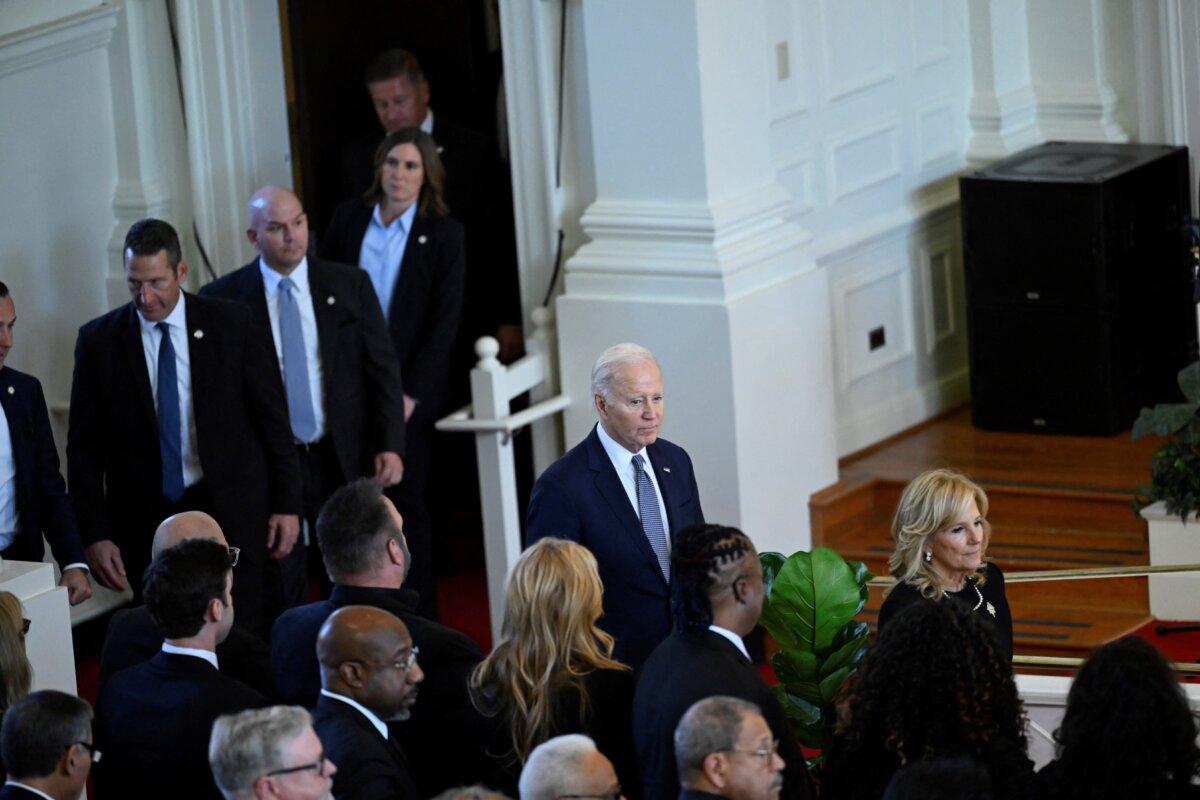President Joe Biden and First Lady Jill Biden arrive at a tribute service for former first lady Rosalynn Carter at Glenn Memorial Church in Atlanta, Georgia, on Nov. 28, 2023. (Andrew Caballero-Reynolds/AFP via Getty Images)