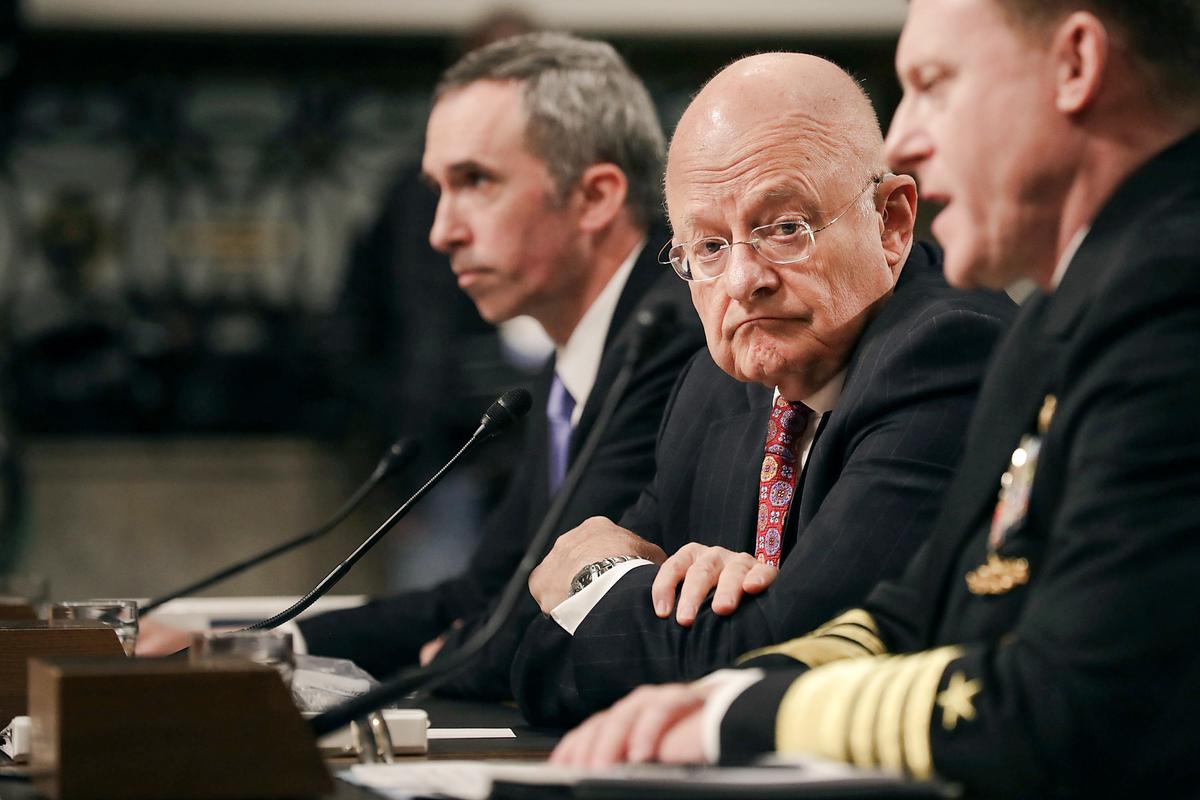(L–R) Defense Undersecretary for Intelligence Marcel Lettre II, Director of National Intelligence James Clapper, and U.S. Cyber Command and National Security Agency Director Adm. Michael Rogers testify before the Senate Armed Services Committee on Capitol Hill in Washington on Jan. 5, 2017. (Chip Somodevilla/Getty Images)