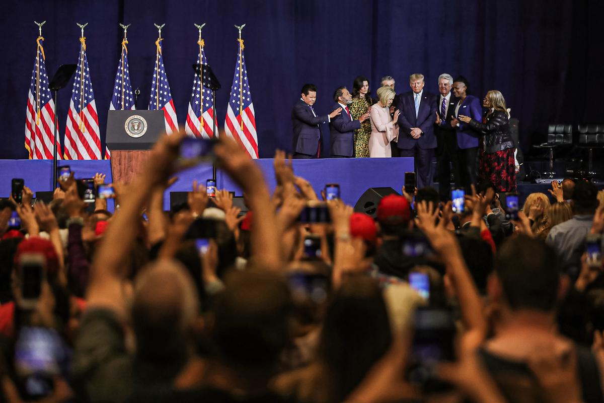  Faith leaders pray over President Donald Trump during a 'Evangelicals for Trump' campaign event held at the King Jesus International Ministry in Miami on Jan. 3, 2020. (Joe Raedle/Getty Images)