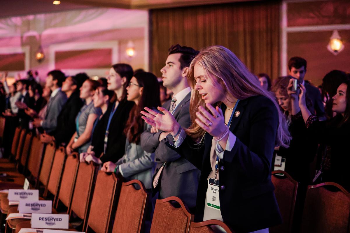  Attendees pray and sing during a live music performance at the Pray Vote Stand Summit in Washington on Sept. 15, 2023. (Anna Moneymaker/Getty Images)