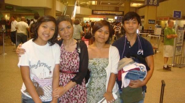 The siblings with their terminally ill mom at the airport. Their mother wished to take her last breath in Cambodia. (Courtesy of Debora Shanley)