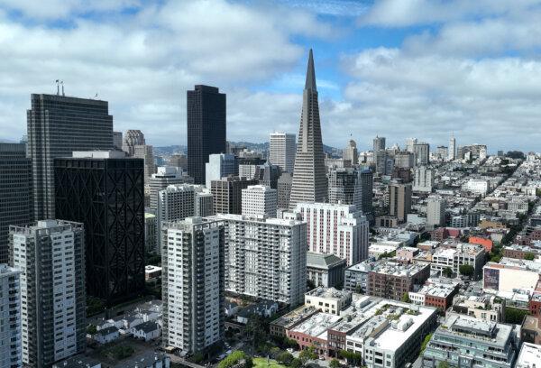 In an aerial view, the Transamerica Pyramid building is visible in San Francisco on May 11, 2023. San Francisco's downtown continues to struggle with keeping retail and commercial properties rented out following the COVID-19 pandemic. (Justin Sullivan/Getty Images)