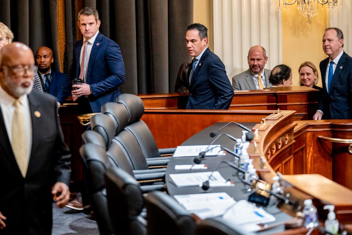 (L–R) Committee Chairman Bennie Thompson (D-Miss.), Rep. Adam Kinzinger (R-Ill.), Rep. Pete Aguilar, (D-Calif.), and Rep. Adam Schiff (D-Calif.) arrive as the House Select Committee to Investigate the Jan. 6 Attack on the U.S. Capitol holds its last public meeting in the Canon House Office Building on Capitol Hill in Washington on Dec. 19, 2022. (Photo by Andrew Harnik-Pool/Getty Images)