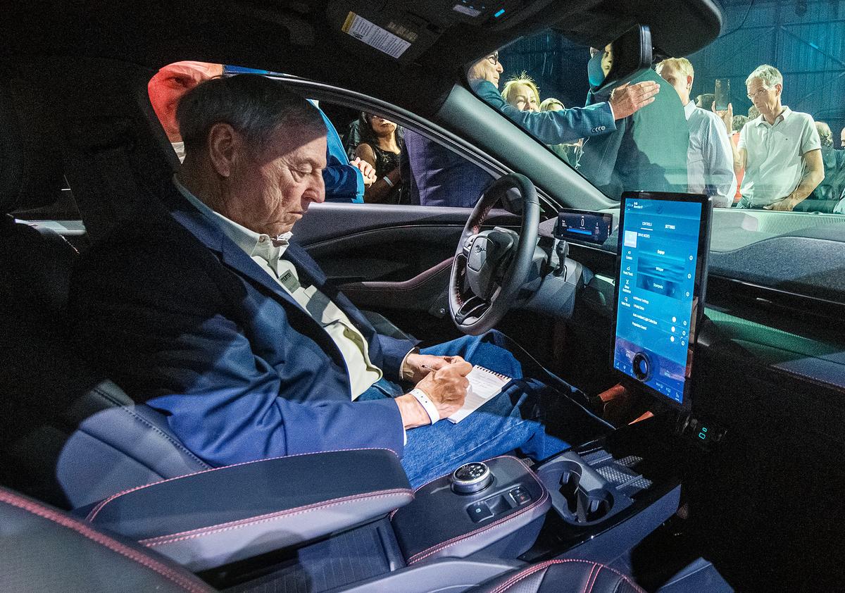 The interior of Ford's first mass-market all-electric car, the Mustang Mach-E, at a ceremony in Hawthorne, Calif., on Nov. 17, 2019. (MARK RALSTON/AFP via Getty Images)