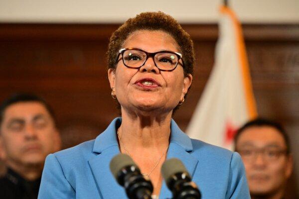 Los Angeles Mayor Karen Bass speaks during a press conference to announce new efforts to curb recent retail thefts at City Hall in Los Angeles on Aug. 17, 2023. (Frederic J. Brown/AFP via Getty Images)