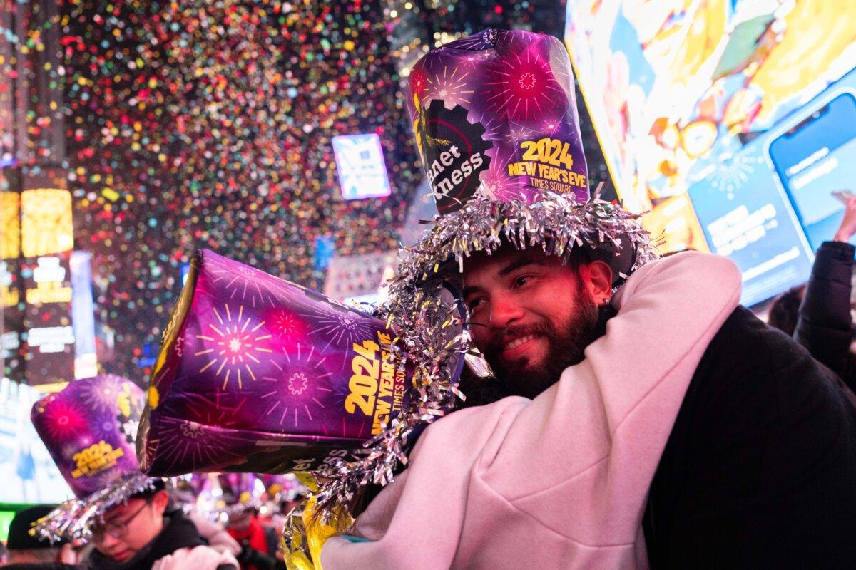 Revelers celebrate New Year's in Times Square in New York on Jan. 1, 2024. (Adam Gray/Getty Images)