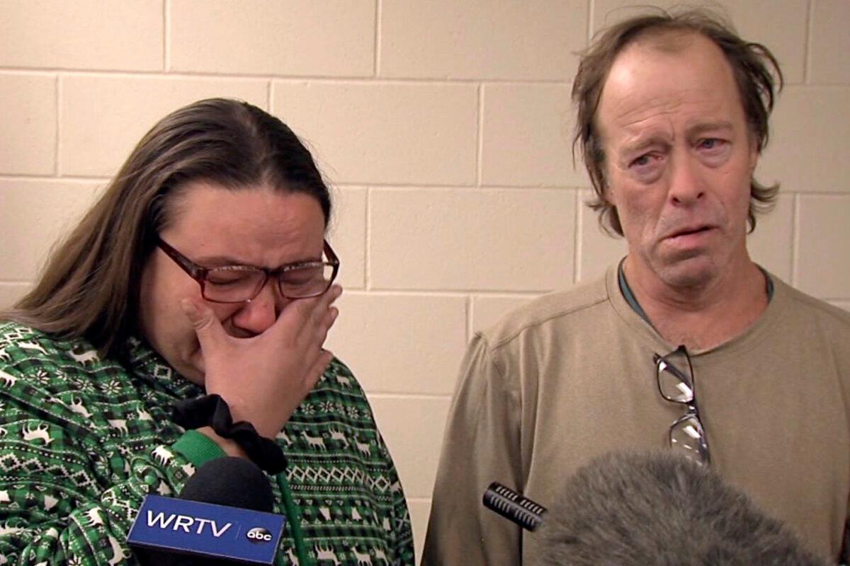 Shena Sandefur (L), the mother of Valerie Tindall, cries while speaking to reporters in Rushville, Ind., on Nov. 29, 2023, in a still from video. (WRTV via AP)