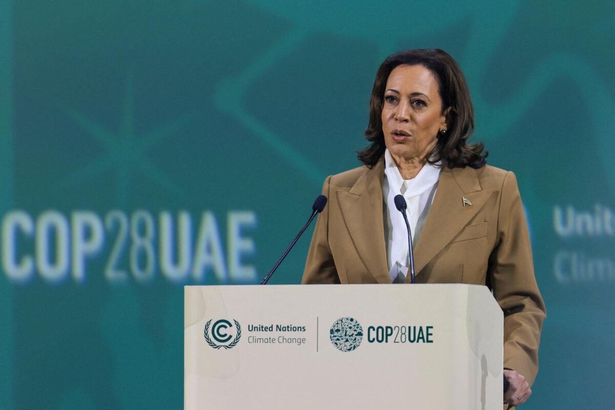 US Vice President Kamala Harris speaks at the COP28 United Nations climate summit in Dubai on Dec. 2, 2023. (Karim Sahib/AFP via Getty Images)