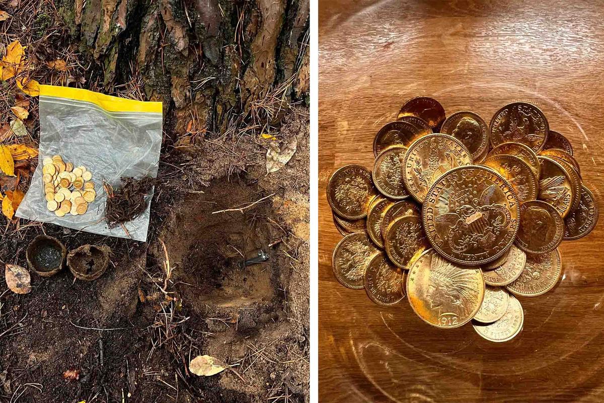 Images showing the cache of gold coins found by the Szczecin Exploration Group in the woods near Szczecin, Poland, on Nov. 5, 2023. (Courtesy of <a href="https://www.facebook.com/profile.php?id=100093311079911">Stowarzyszenie Szczecińska Grupa Eksploracyjna</a>)