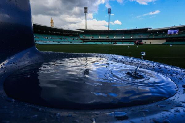 Water drops are seen on a seat as rain delays play during the Sheffield Shield match between New South Wales and Tasmania at SCG, in Sydney, Australia, on Nov. 30, 2023. (Mark Evans/Getty Images)