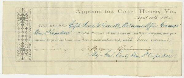 A parole pass granting Confederate soldiers safe passage after the Civil War. Library of Virginia. (Public Domain)