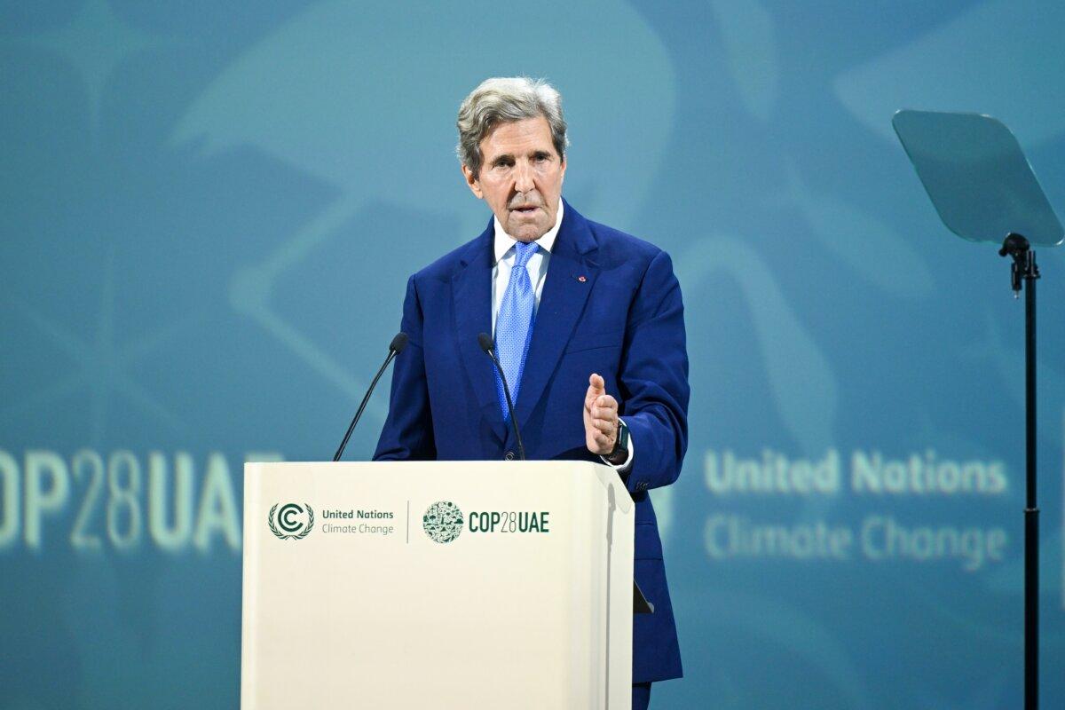 John Kerry, U.S. special presidential envoy for climate, speaks during the Energy Session at Al Waha Theater during day two of the high-level segment of the UNFCCC COP28 Climate Conference at Expo City Dubai in Dubai, United Arab Emirates, on Dec. 2, 2023. (Stuart Wilson/COP28 via Getty Images)
