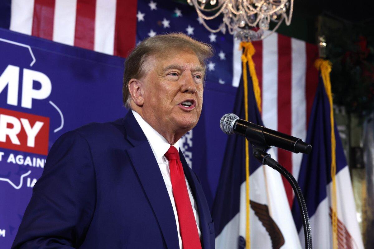 Republican presidential candidate former President Donald Trump speaks at a commit-to-caucus campaign event at the Whiskey River bar in Ankeny, Iowa, on Dec. 2, 2023. (Scott Olson/Getty Images)
