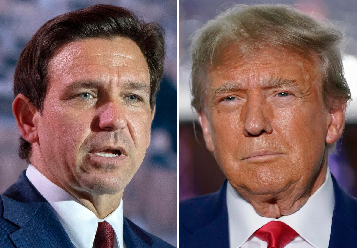 (L) Republican presidential candidate and Florida Gov. Ron DeSantis speaks at the Christians United For Israel (CUFI) Summit 2023 in Arlington, Va., on July 17, 2023; Former President Donald Trump speaks at Trump National Golf Club in Bedminster, N.J., on June 13, 2023. (AP Photo)