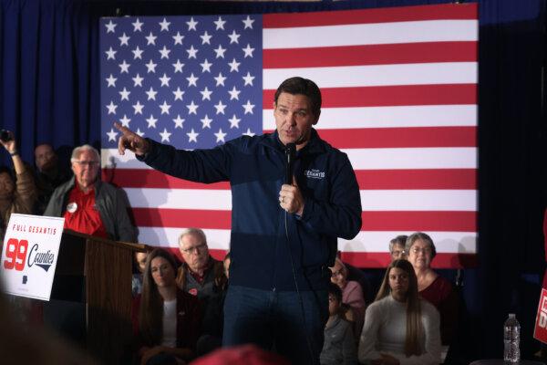 Republican presidential candidate Florida Gov. Ron DeSantis speaks during a campaign rally at the Thunderdome in Newton, Iowa, on Dec. 2, 2023. (Scott Olson/Getty Images)