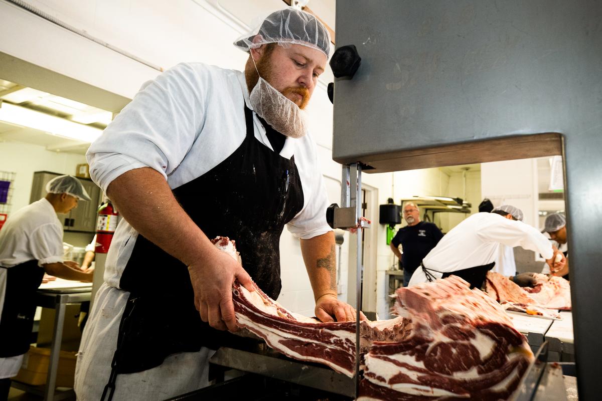 Butchers at Old Fashion Country Butcher process meat as they work to meet increased demand because of COVID-19-related shortages, in Santa Paula, Calif., on May 21, 2020. Greater support for smaller meat operations has risen after large plants have been disrupted. (Brent Stirton/Getty Images)