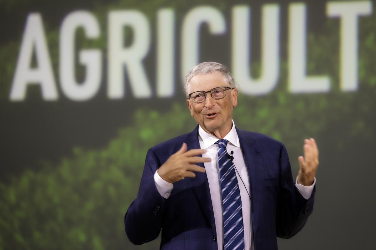 Bill Gates speaks at an event called "Transforming Food Systems in the face of Climate Change" during the United Nations' Climate Change Conference in Dubai on Dec. 1, 2023. (Christophe Viseux/COP28 via Getty Images)
