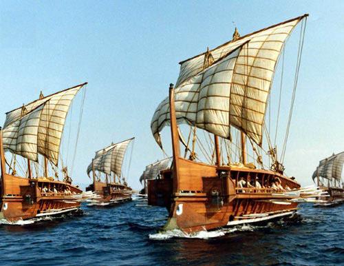 Fleet of triremes based on the full-sized replica Olympias. (Public Domain)
