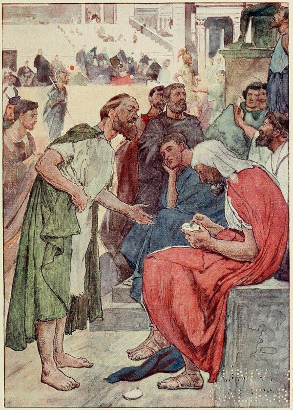 Aristides and the citizens. Illustration in "Plutarch's Lives for Boys and Girls," 1900. (Public Domain)