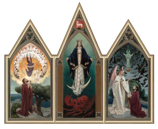 "Triptych of St. John's Revelation," 2013, by Bernadette Carstensen. Gouache on watercolor board; 40 inches by 30 inches. Apocalypse Prize competition entry. (Bernadette Carstensen)
