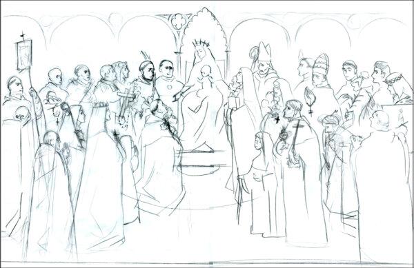 A rough outline of the composition is an important step in Bernadette Carstensen’s illustrating process, especially in complex, multifigure compositions, such as this “Dominicans” piece. (Courtesy of Bernadette Carstensen)