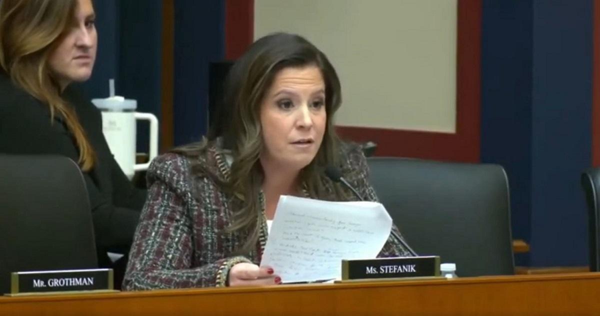 Rep. Elise Stefanik (R-N.Y.) questions Harvard University President Claudine Gay at a House Committee on Education and the Workforce hearing on alleged campus anti-Semitism in Washington on Dec. 5, 2023. (House Committee on Education and the Workforce/Screenshot via NTD)