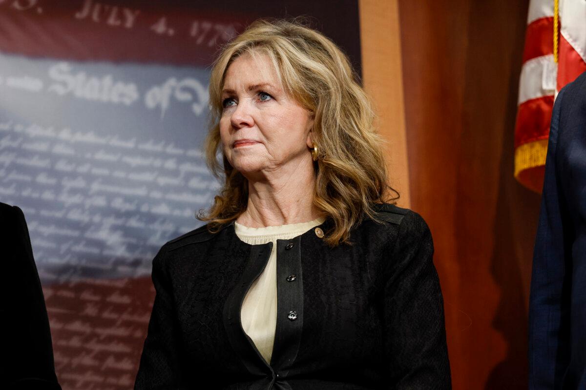 Sen. Marsha Blackburn (R-Tenn.)listens during a press conference on border security at the U.S. Capitol Building in Washington on September 27, 2023. (Anna Moneymaker/Getty Images)