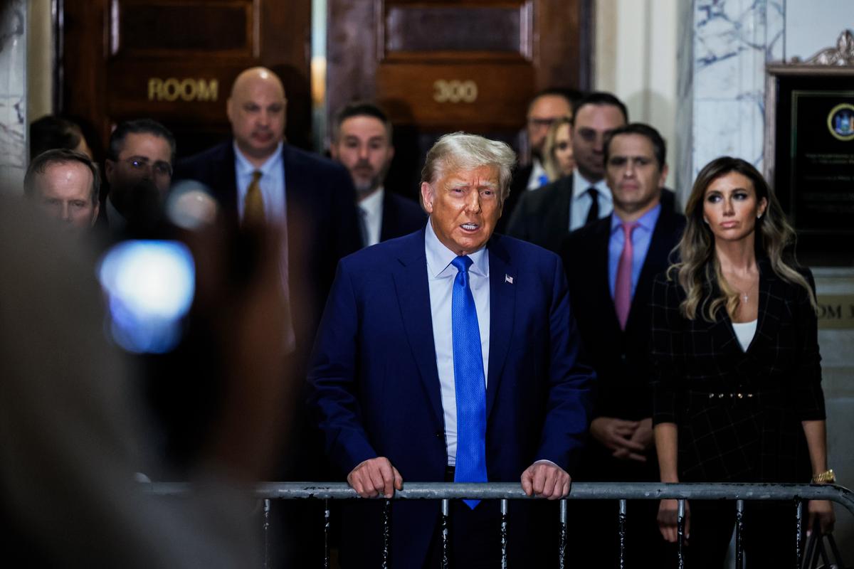 Former President Donald Trump speaks to members of the media after testifying at his civil fraud trial at New York State Supreme Court in New York on Nov. 6, 2023. (Michael M. Santiago/Getty Images)