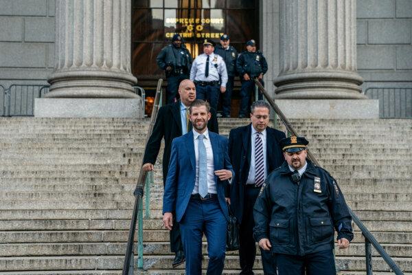 Eric Trump departs from the first day of testifying at former President Donald Trump's civil fraud trial in New York City, on Nov. 2, 2023. (David Dee Delgado/Getty Images)