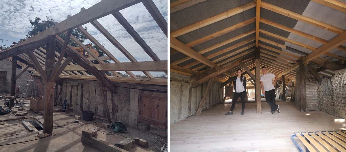 The second floor ceiling during and after the renovation. (Courtesy of <a href="https://www.youtube.com/@Diego_Leon">Diego León</a>)
