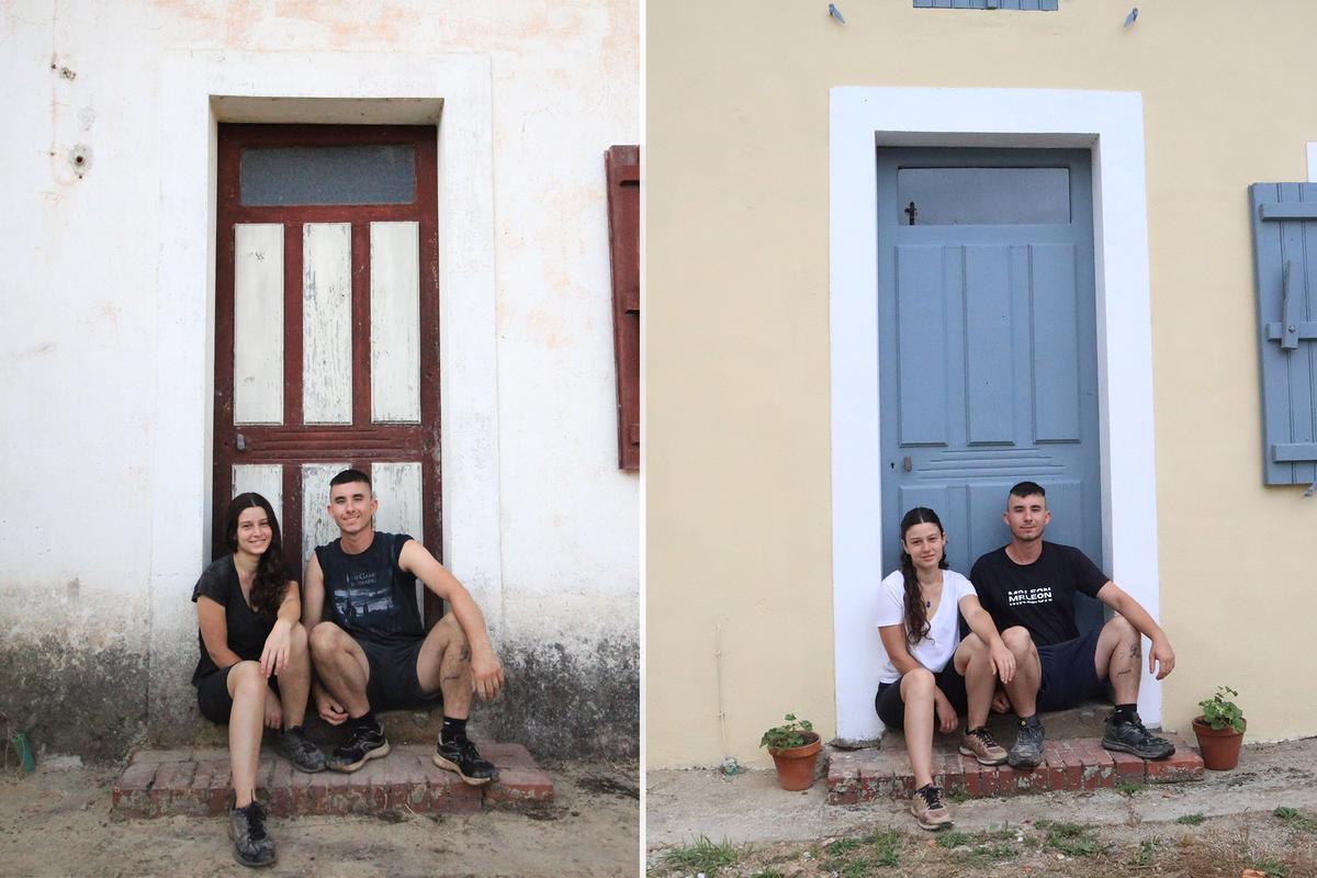 The Leóns outside their home before and after the renovation. (Courtesy of <a href="https://www.youtube.com/@Diego_Leon">Diego León</a>)