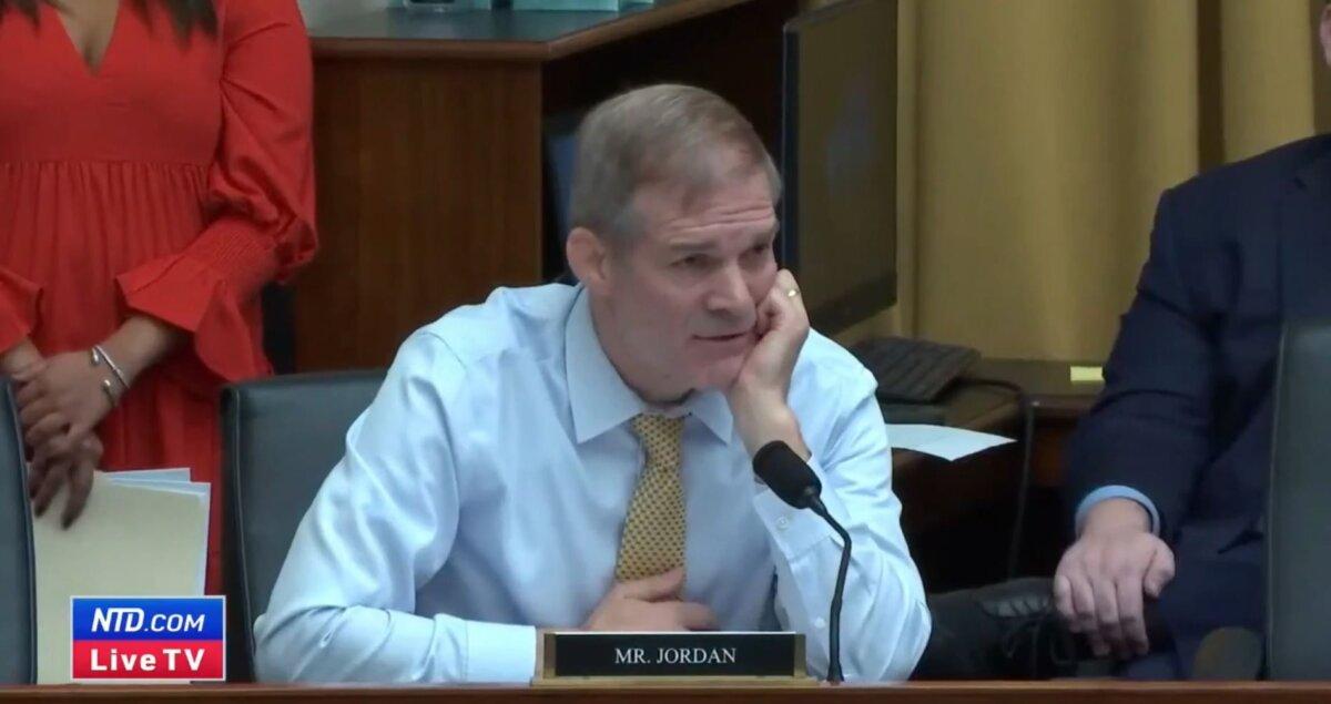 Rep. Jim Jordan (R-Ohio) accused the Department of Justice’s Civil Rights Division of politically based prosecutions while questioning U.S. Assistant Attorney General Kristen Clarke during a House hearing about “Oversight of the Department of Justice Civil Rights Division” in Washington on Dec. 5, 2023. (Screenshot via NTD)
