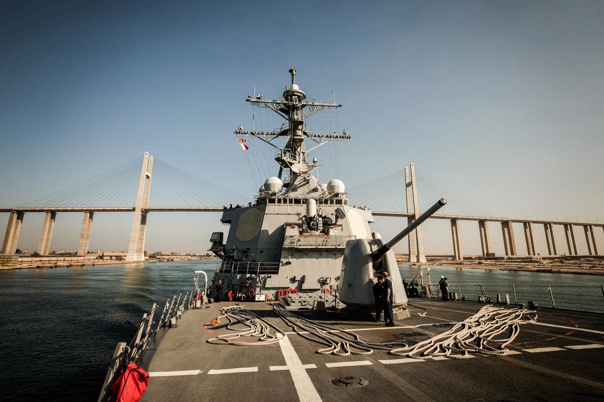 The U.S. Navy guided-missile destroyer USS Carney transits the Suez Canal, Egypt, on Oct. 18, 2023. (Mass Communication Specialist 2nd Class Aaron Lau/U.S. Navy Handout via REUTERS)