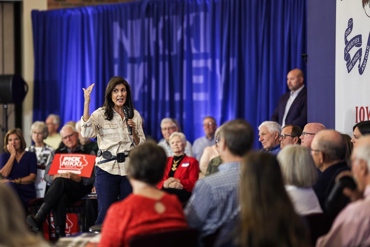 Republican presidential candidate former U.N. Ambassador Nikki Haley speaks to potential voters during a campaign event in Pella, Iowa, on Oct. 21, 2023. (Scott Olson/Getty Images)