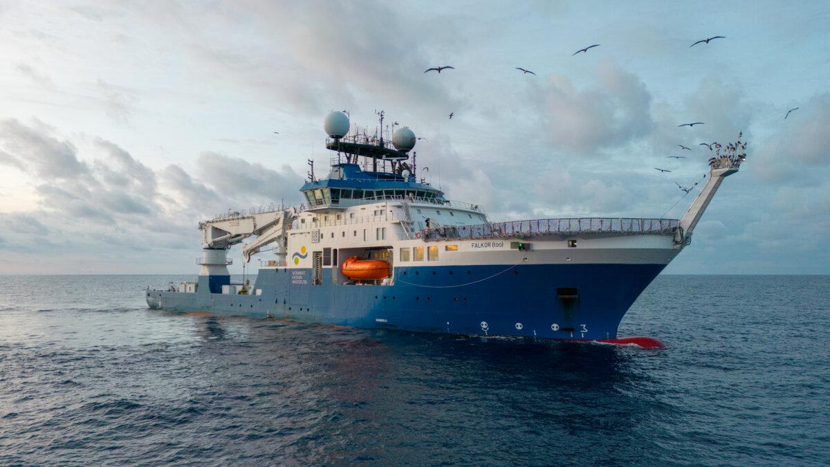 Research vessel Falkor (too) pictured in the Galapagos. (Courtesy of Schmidt Ocean Institute)