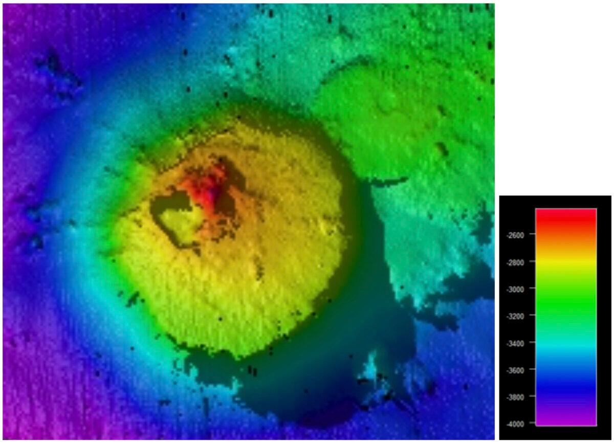 A color-graded bathymetric image shows the seamount rising from a depth of about 4,000 meters (13,123 feet) and peaking at about 2,400 meters (7,874 feet). (Courtesy of Schmidt Ocean Institute)
