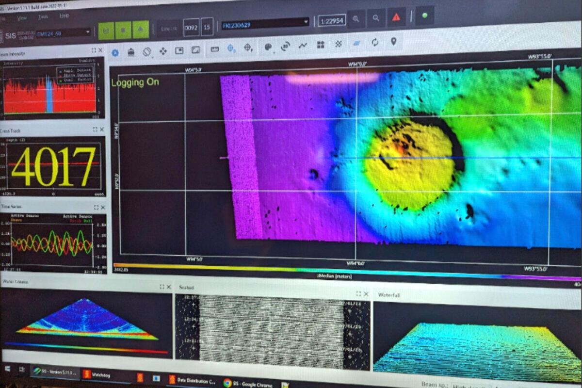 Real-time imagery of the multibeam acquisition display, minutes after passing over the seamount. (Courtesy of Schmidt Ocean Institute)