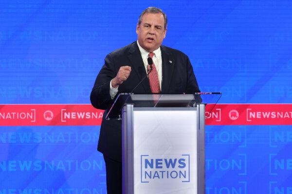 Republican presidential candidate former New Jersey Gov. Chris Christie delivers his closing statement during the NewsNation Republican Presidential Primary Debate at the University of Alabama Moody Music Hall in Tuscaloosa, Ala., on Dec. 6, 2023.  (Justin Sullivan/Getty Images)