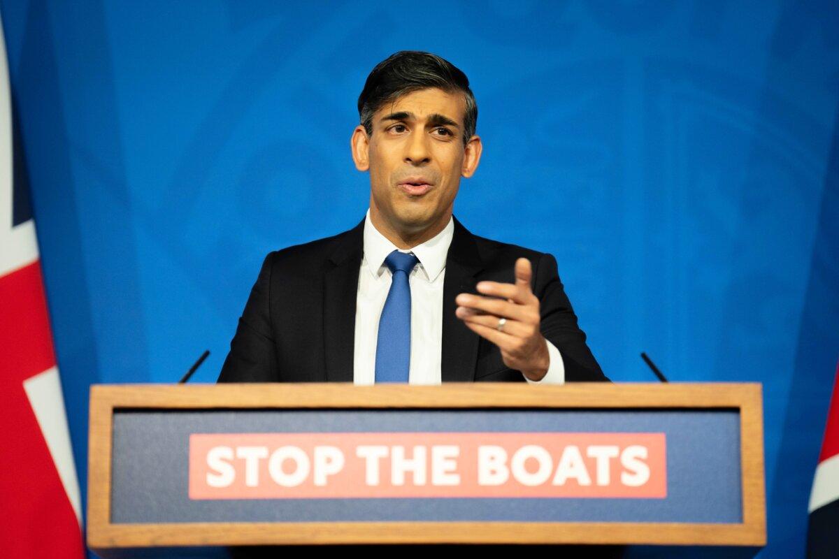 Prime Minister Rishi Sunak during a press conference in the Downing Street Briefing Room, London, on Dec. 7, 2023. (James Manning/PA Wire)
