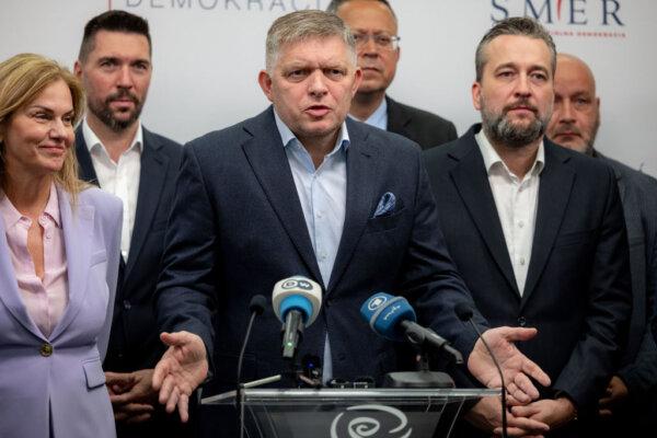 Robert Fico, lead candidate of the SMER-SSD political party in Slovakia, speaks to the media the day after the Slovak parliamentary elections in which SMER finished in first place with more than 23 percent of votes, in Bratislava, Slovakia, on Oct. 1, 2023. (Photo by Janos Kummer/Getty Images)